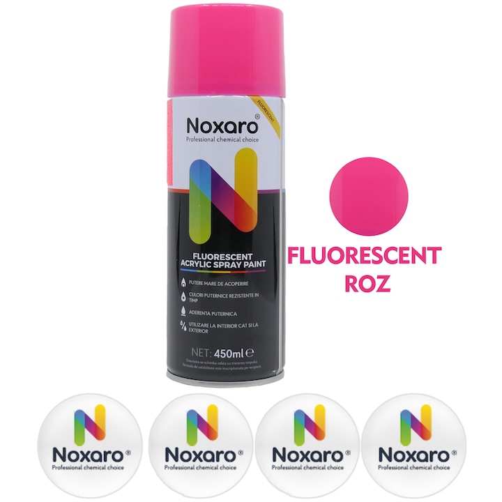 Vopsea spray Fluorescent Roz, NOXARO, Cantitate 450ml, 4x Stickere