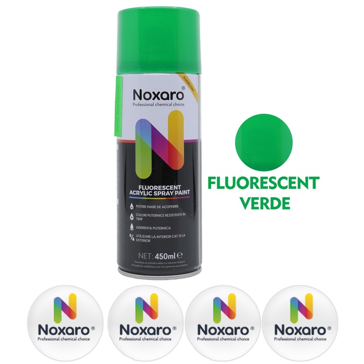 Vopsea spray Fluorescent Verde, NOXARO, Cantitate 450ml, 4x Stickere