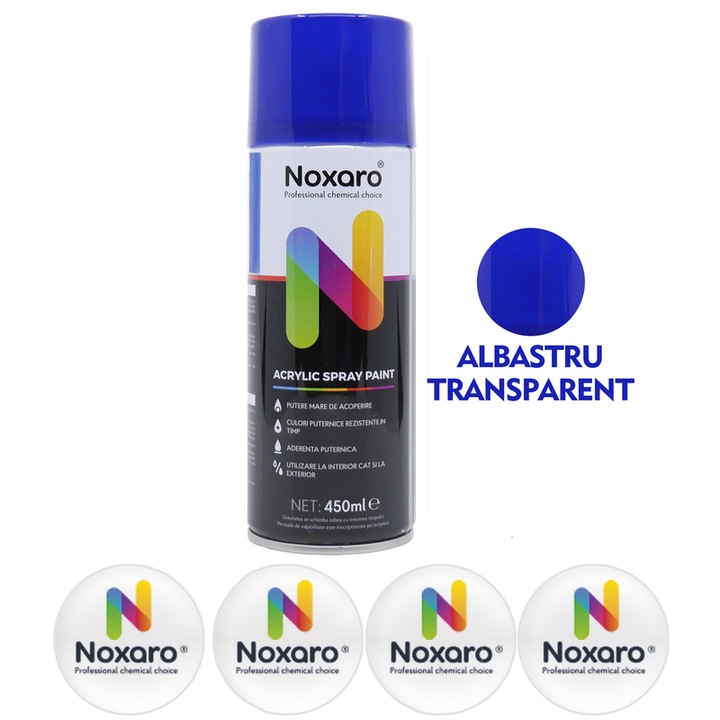 Vopsea spray transparent Albastru, NOXARO, Cantitate 450ml, 4x Stickere