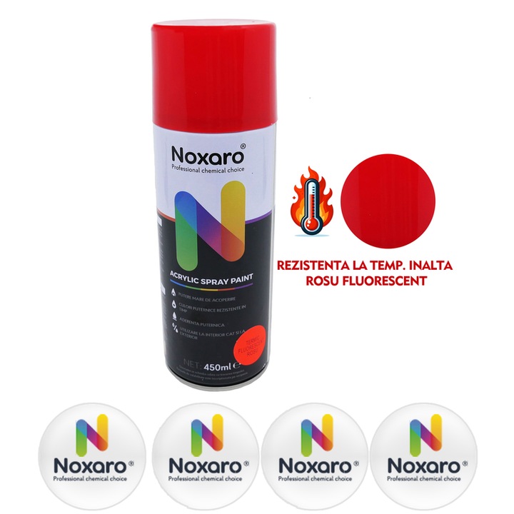 Vopsea spray rezistenta la temperatura inalta Rosu Fluorescent, NOXARO, Cantitate 450ml, 4x Stickere