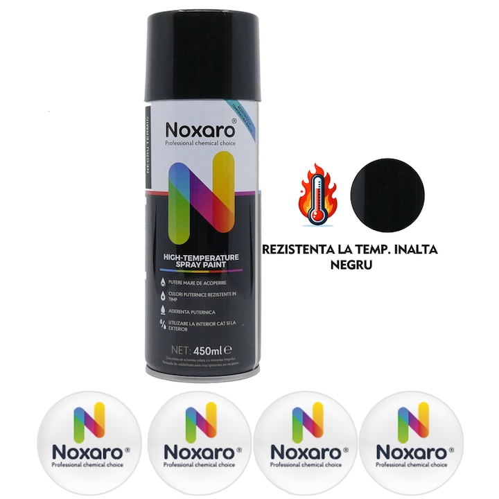 Vopsea spray rezistenta la temperatura inalta Negru, NOXARO, Cantitate 450ml, 4x Stickere
