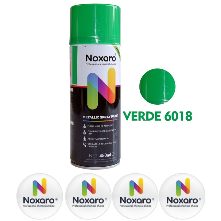 Vopsea spray Verde 6018, NOXARO, Cantitate 450ml, 4x Stickere
