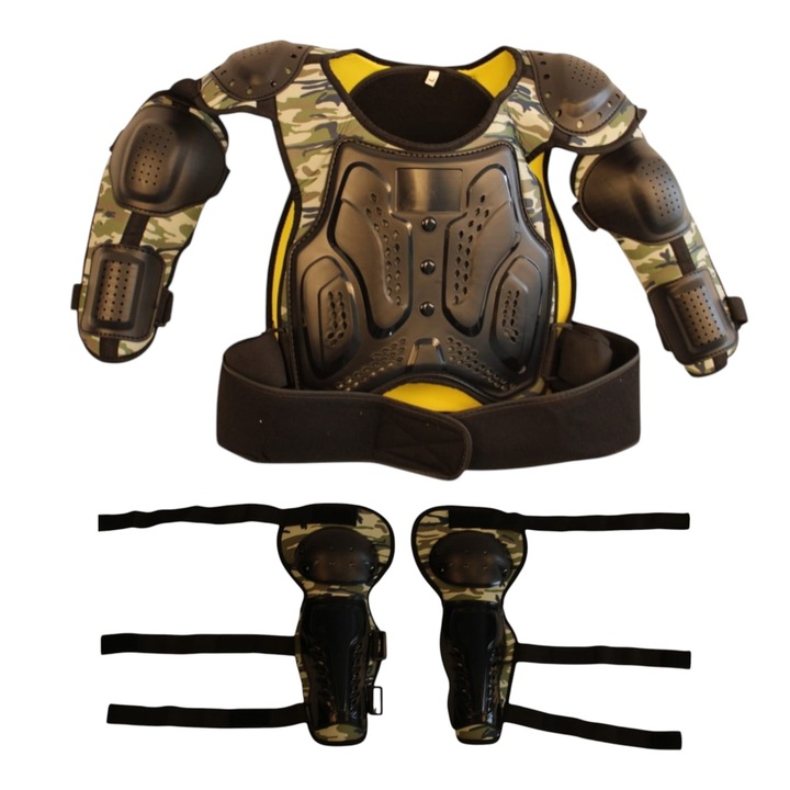 Set Armura Protectie Integrala Copii, Camuflaj, S M L, Vesta cu Protectii Piept, Spate, Umeri, Coate si Genunchiere