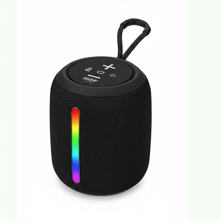 Boxa portabila Bluetooth Elworld GU-150, design cu woofer din material textil si maner, sunet HiFi stereo cu bass puternic, boxa rezistenta la apa pentru exterior, suport USB/card TF/TWS, iluminare LED colorata, Negru
