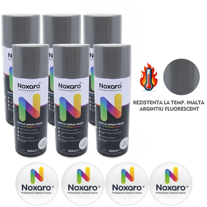 Set 6 Vopsea spray rezistenta la temperatura inalta Argintiu Fluorescent, NOXARO, Cantitate 450ml, 4x Stickere