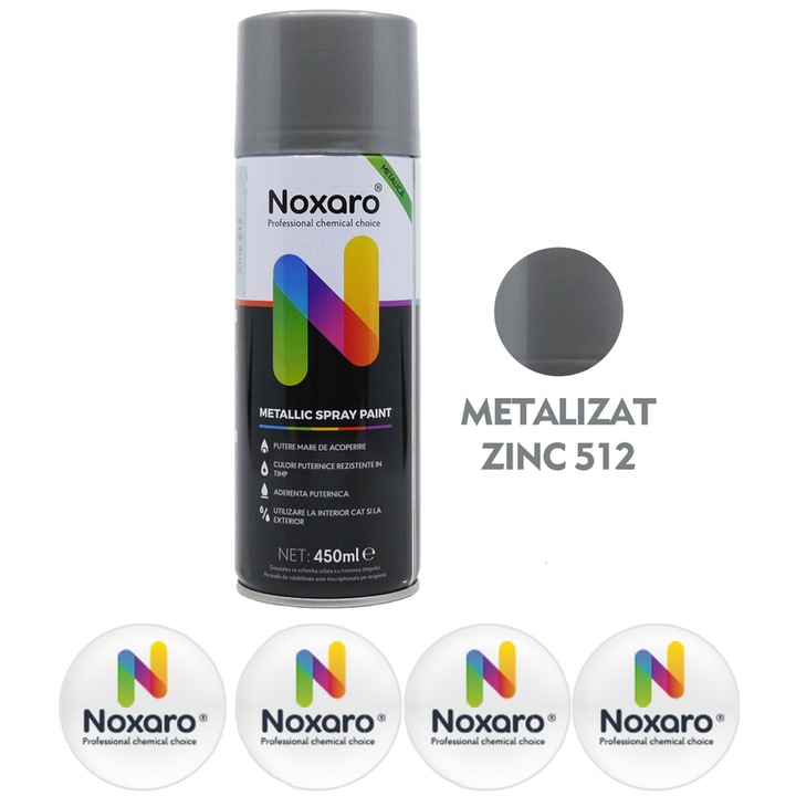 Vopsea spray metalizat Zinc 512, NOXARO, Cantitate 450ml, 4x Stickere