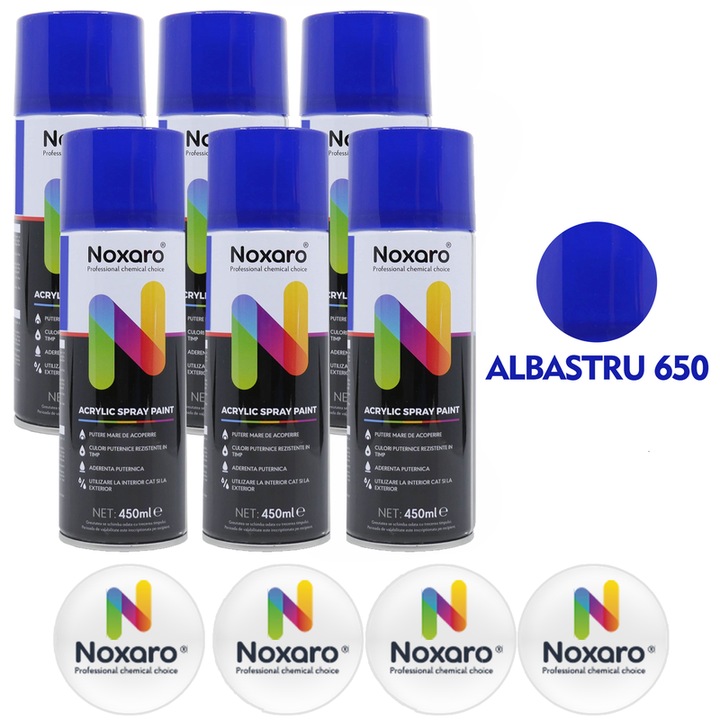 Set 6 Vopsea spray Albastru 650, NOXARO, Cantitate 450ml, 4x Stickere