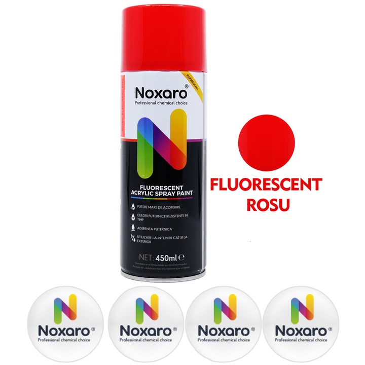 Vopsea spray Fluorescent Rosu, NOXARO, Cantitate 450ml, 4x Stickere