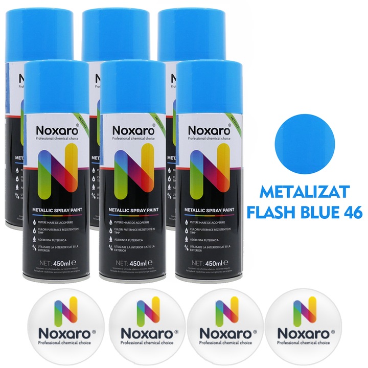 Set 6 Vopsea spray metalizat Flash Blue 46, NOXARO, Cantitate 450ml, 4x Stickere
