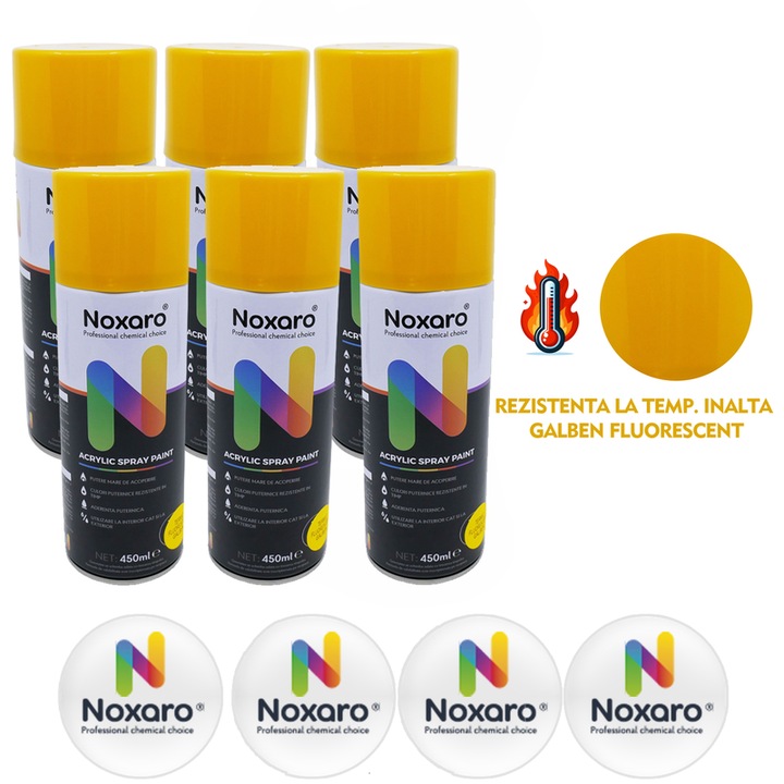 Set 6 Vopsea spray rezistenta la temperatura inalta Galben Fluorescent, NOXARO, Cantitate 450ml, 4x Stickere