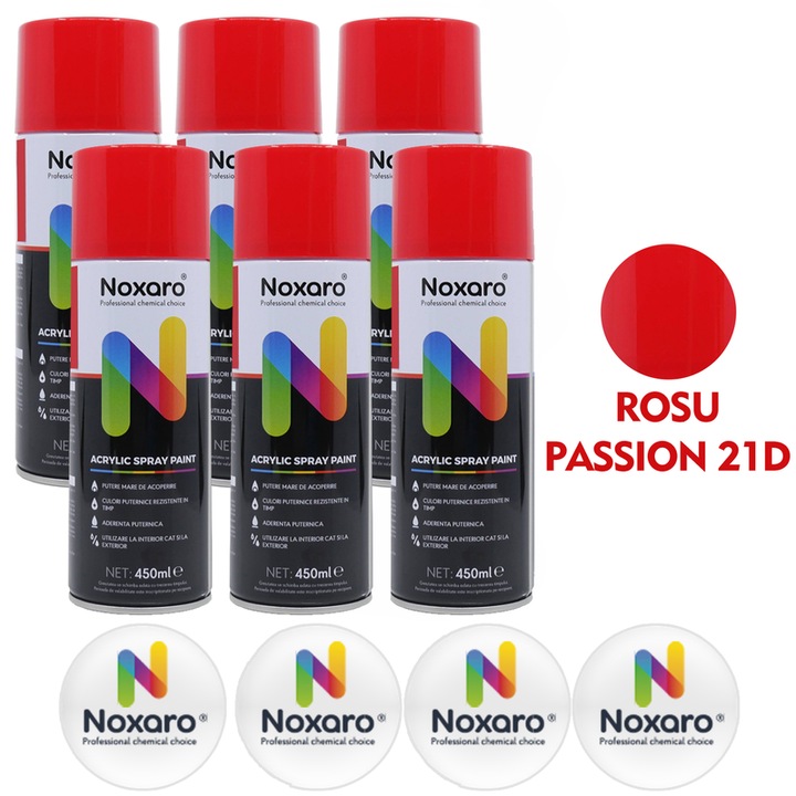 Set 6 Vopsea spray Rosu Passion 21D, NOXARO, Cantitate 450ml, 4x Stickere