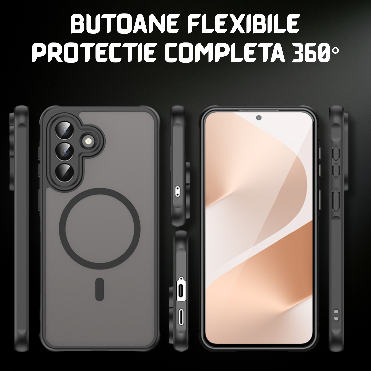 Husa pentru Samsung Galaxy A57 Comari® Pulse, compatibila MagSafe, protectie avansata, laterale ranforsate, finisaj mat translucid antiamprenta, Negru