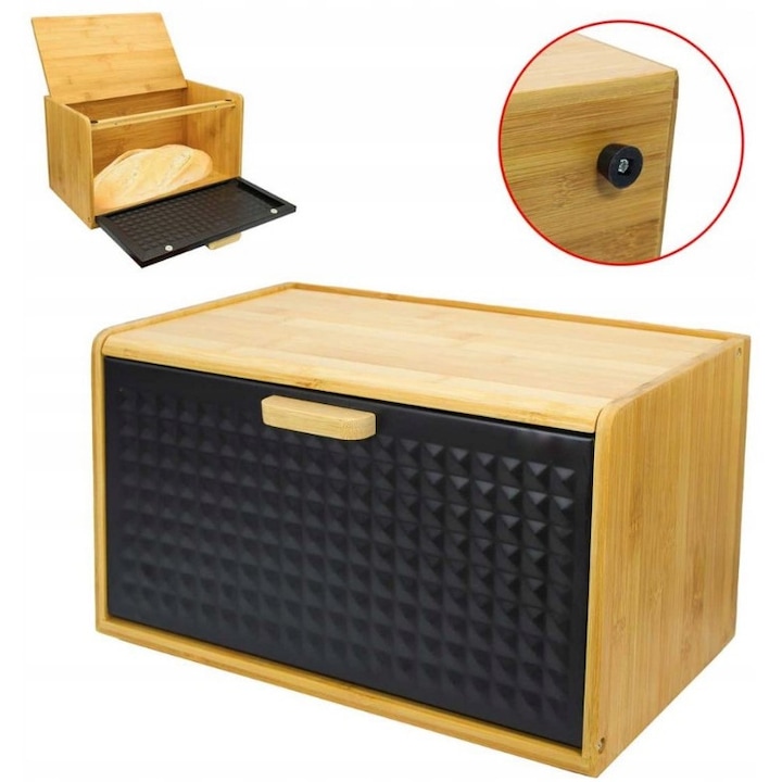 Bambusz kenyértartó fekete fém tetővel, 37x20,5x22cm, szett
