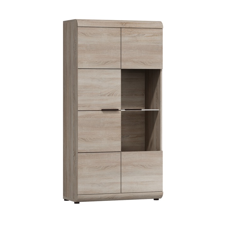 Vitrina LYNGDAL Komodee, polita din sticla, fronturi frezate, PAL melaminat si sticla, 158 x 80 x 37 cm, Stejar Sonoma