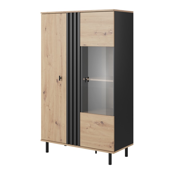 Vitrina MANDAL Komodee, cu lamele, picioare metalice negre, PAL melaminat, 149 x 90 x 40 cm, Stejar/Antracit Mat