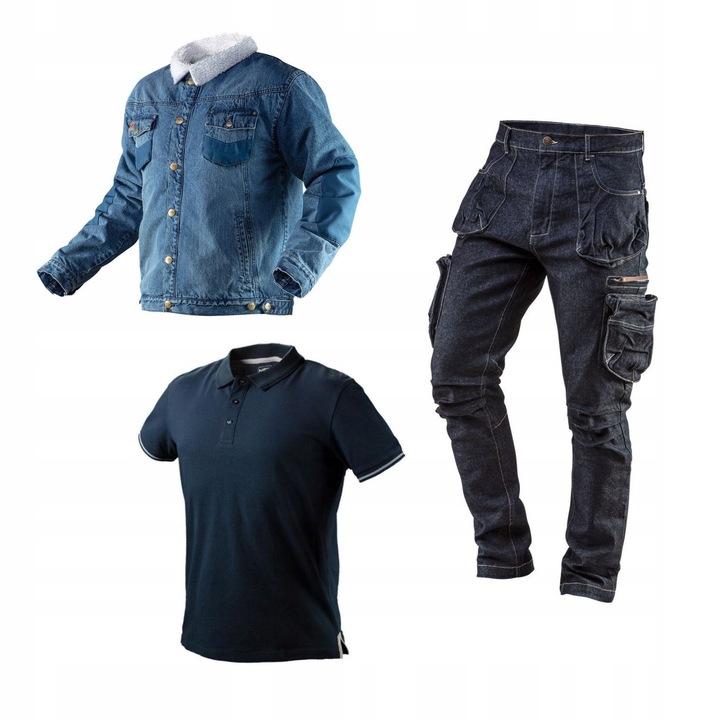 Set imbracaminte de lucru NEO, jacheta denim captusita indigo, pantaloni cu 5 buzunare, tricou polo bleumarin, bumbac, XS