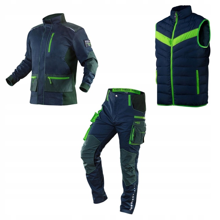 Set complet imbracaminte de lucru barbati NEO, vesta matlasata albastru inchis cu accente verzi, M