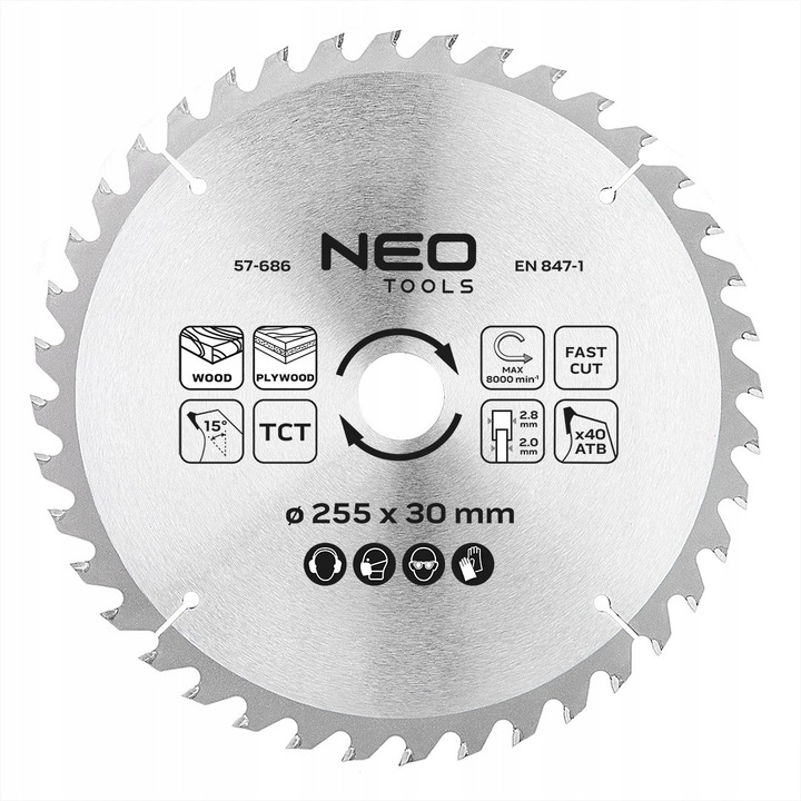 Disc de ferastrau, Neo Tools, 255x30mm, 40 dinti, pentru lemn