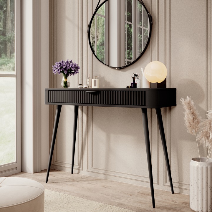 Masa de toaleta LEKNES Komodee, cu sertar, picioare inalte, PAL melaminat, 78 x 100 x 38 cm, Negru
