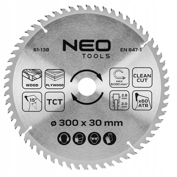 Disc de fierastrau, Neo Tools, 300x30mm, 60 dinti, pentru lemn