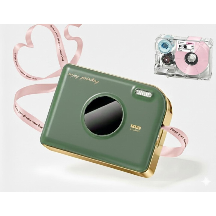 Imprimanta Portabila Termica PHOMEMO A30, Bluetooth, Personalizare Panglici Cadouri si Etichete, Ideala pentru Nunti, Botezuri, Business si DIY, Include Cartus panglica culoare roz cu scris negru