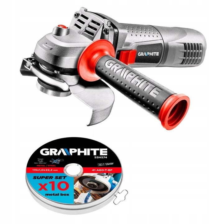 Polizor unghiular Graphite 750 W, 115 mm, set 10 discuri taiere metal, 230V