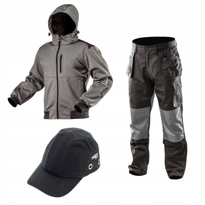 Set imbracaminte de lucru barbateasca, NEO, jacheta softshell impermeabila cu gluga, pantaloni gri, poliester/bumbac, 2XL