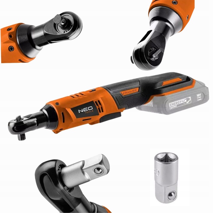 Cheie cu clichet actionata de acumulator NEO TOOLS, 18V, 60Nm, 3/8", cu LED, set cu adaptor 1/2"