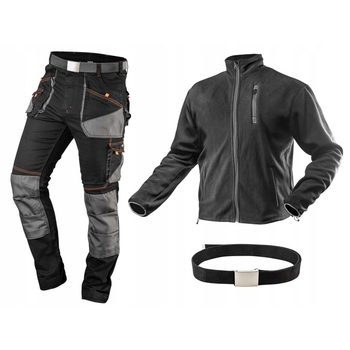 Комплект защитно облекло NEO Tools, работен панталон HD Slim, колан, поларена блуза, графит, 60% памук, 37% полиестер, 3% еластан, S