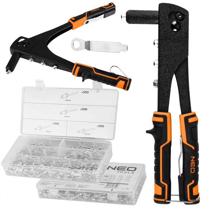 Nituitoare manuala NEO TOOLS cu set de 400 nituri aluminiu 2.4/3.2/4.0/4.8 mm