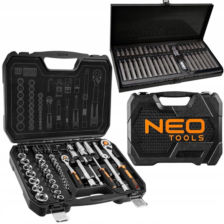 Set Chei tubulare 1/2" si 1/4" 73 piese + Set Conectori 40 piese NEO TOOLS
