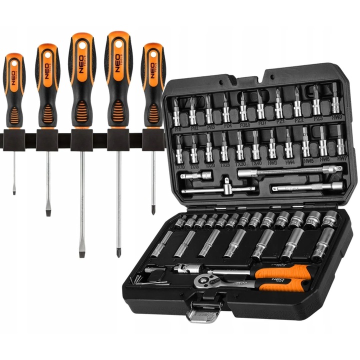 Set chei tubulare 1/4" 55 piese + set surubelnite 5 piese, NEO TOOLS, satinat, in valiza
