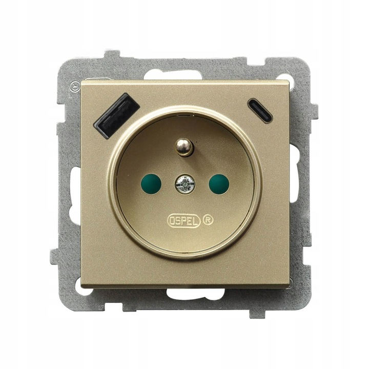 Gniazdo electric cu incarcator USB tip A+C, Ospel Sonata, sampanie, montaj subtire, IP-20