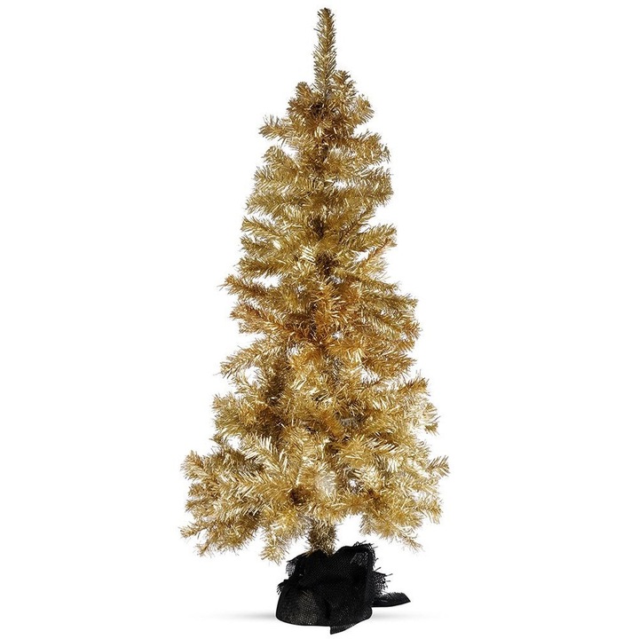 Brad de Craciun artificial, 120 cm, aurie, cu baza din beton si sac din iuta, set decorativ