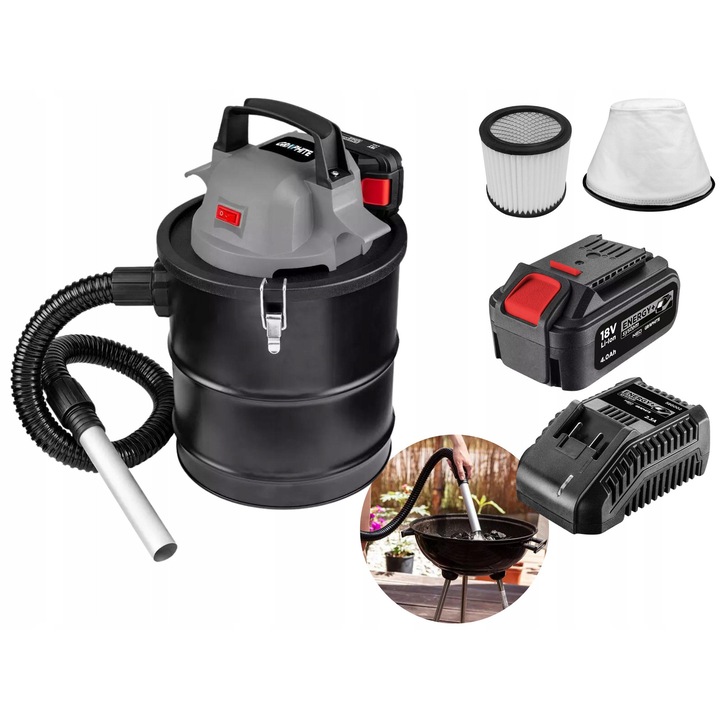 Aspirator cenusa Graphite Energy+, 18V, 15L, acumulator 4Ah si incarcator, accesorii incluse