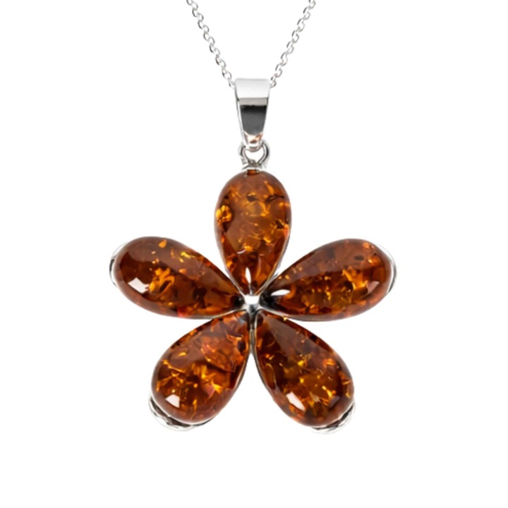 Colier Argint 925 cu Floare Mare din Chihlimbar Natural – Energie Calda si Protectie