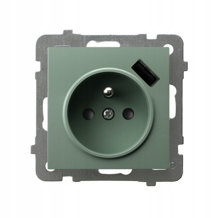 Priza cu incarcator USB A 5V 2,1A Ospel, verde mat, dimensiuni 73x73x50mm