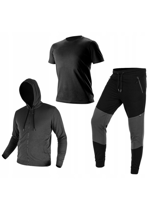 Set trening barbati, NEO TOOLS, bluza cu fermoar si gluga, pantaloni sport negru-gri, tricou