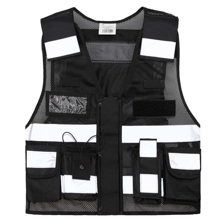 Vesta unisex tactica mesh SPARTA, benzi reflectorizante, buzunare multiple, fermoar frontal, ajustabila, Korntex KXMTAC, Black, 2XL/4XL
