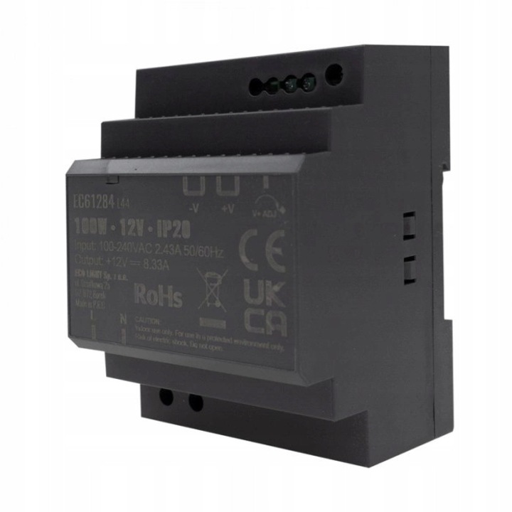 Sursa de alimentare pe sina DIN 12V 100W Ecolight, IP20, dimensiuni compacte, montaj usor