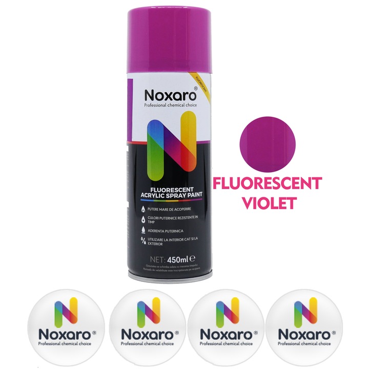 Vopsea spray Fluorescent Violet, NOXARO, Cantitate 450ml, 4x Stickere