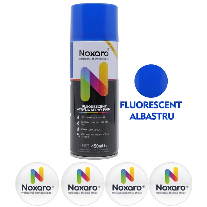 Vopsea spray Fluorescent Albastru, NOXARO, Cantitate 450ml, 4x Stickere