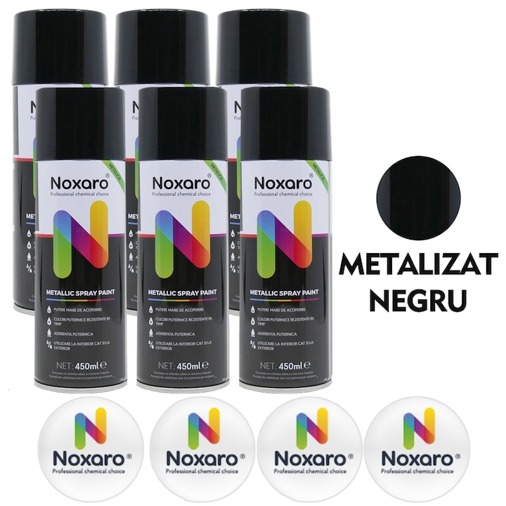 Set 6 Vopsea spray metalizat Negru, NOXARO, Cantitate 450ml, 4x Stickere