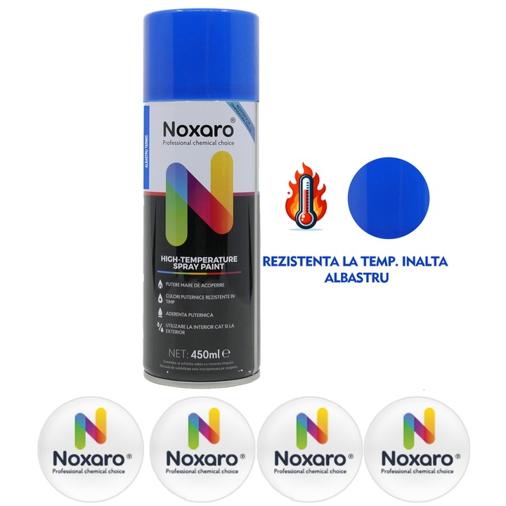 Vopsea spray rezistenta la temperatura inalta Albastru, NOXARO, Cantitate 450ml, 4x Stickere