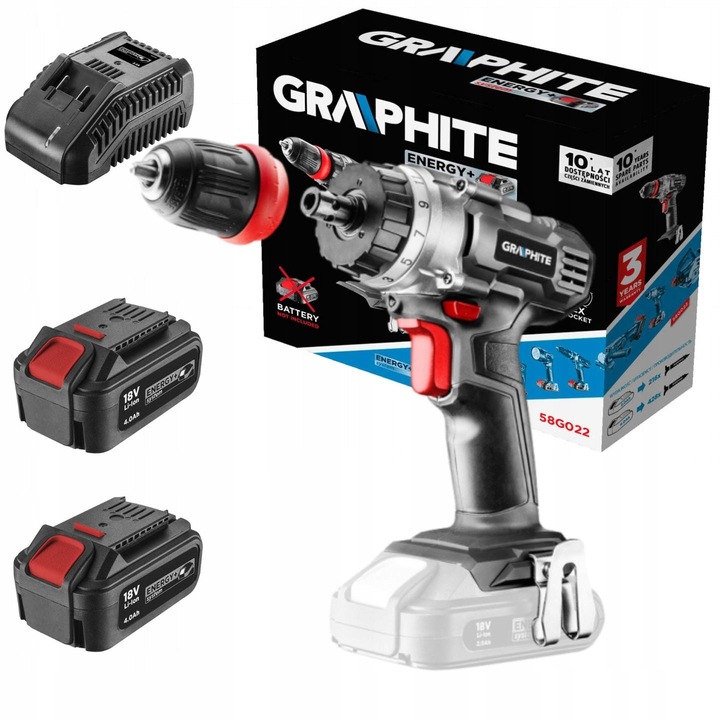 Комплект бормашина-винтоверт Energy+ 18V, 2 x батерии 4.0Ah, зарядно устройство, Graphite, 10 мм, Li-Ion