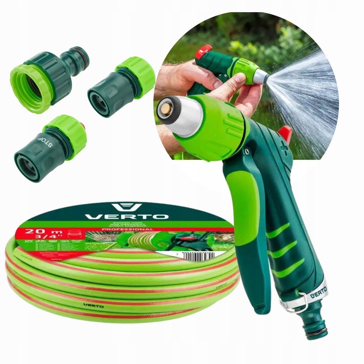 VERTO öntözőkészlet, kerti tömlő 20m 3/4", szórópisztoly állítható, 3 csatlakozó