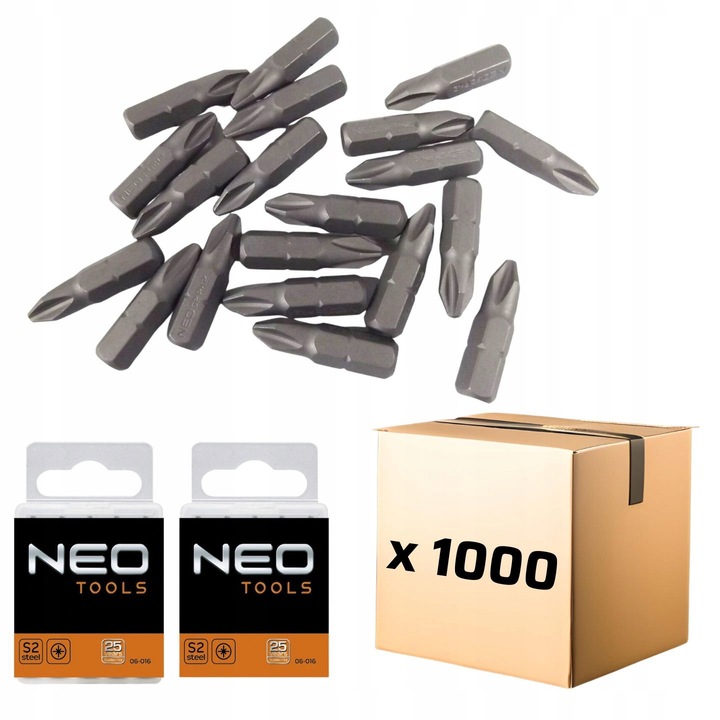 Set de 1000 biti PZ2 x 25 mm, Neo Tools, otel S2, 1/4"