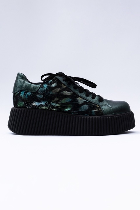 VAGAM, Pantofi sport flatform din piele cu imprimeu abstract, Verde/Negru