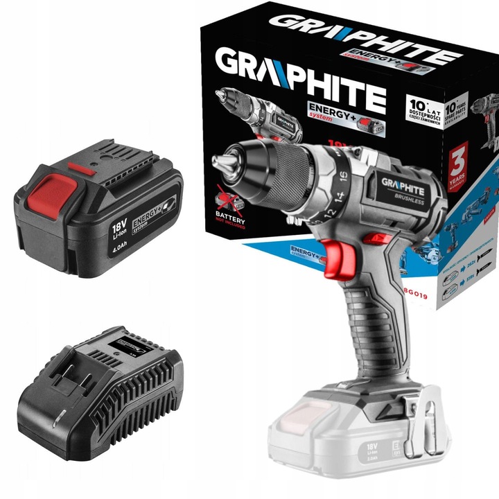 Комплект акумулаторен винтоверт Energy+ 18V, 4.0Ah, зарядно устройство, 13мм, Graphite