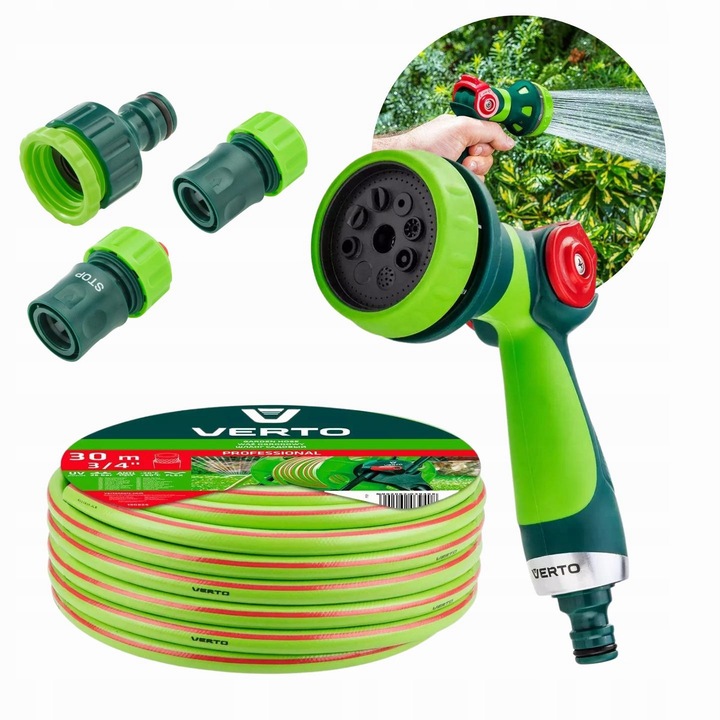 VERTO öntözőkészlet, 30m 3/4" kerti tömlő, 8 funkciós pisztolyos öntöző, tartozékok, beleértve a csatlakozókat is
